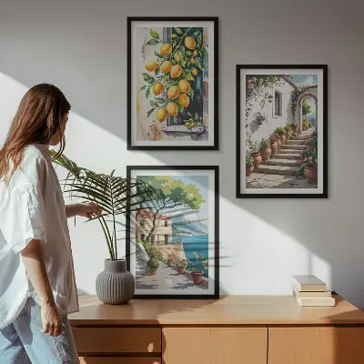Set de 3 cuadros decorativos para salón con diseño de limones, flores y vistas al mar