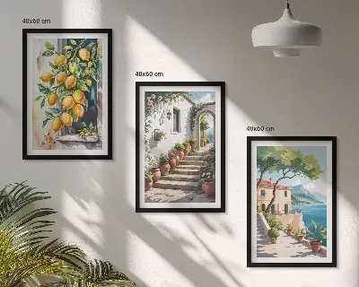 Set de 3 cuadros decorativos para salón con diseño de limones, flores y vistas al mar