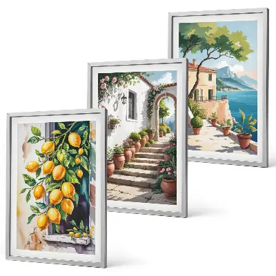 Set de 3 cuadros decorativos para salón con diseño de limones, flores y vistas al mar