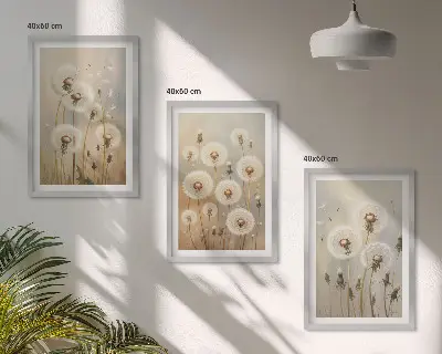 Juego de 3 cuadros con diseño de dientes de león blancos sobre fondo claro