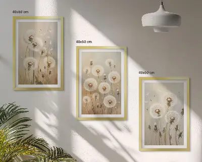 Juego de 3 cuadros con diseño de dientes de león blancos sobre fondo claro