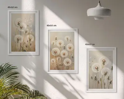 Juego de 3 cuadros con diseño de dientes de león blancos sobre fondo claro