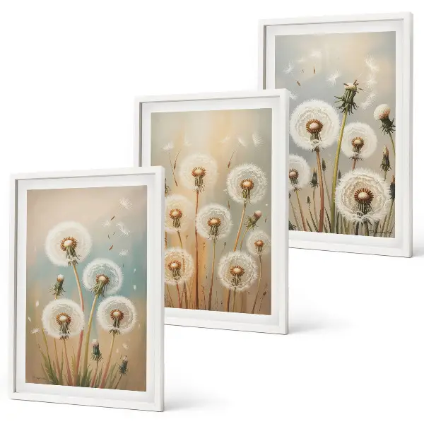 Set de 3 cuadros para salón con diseño de flores de diente de león en tonos pastel