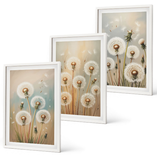 Set de 3 cuadros para salón flores de diente de león en tonos pastel