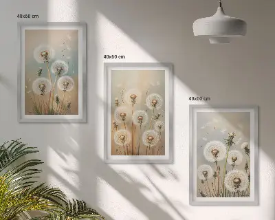 Set de 3 cuadros para salón con diseño de flores de diente de león en tonos pastel