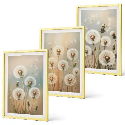 Set de 3 cuadros para salón con diseño de flores de diente de león en tonos pastel