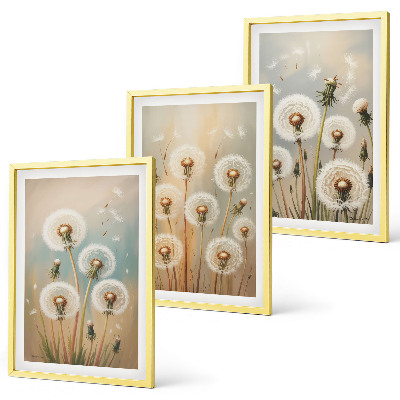 Set de 3 cuadros para salón flores de diente de león en tonos pastel