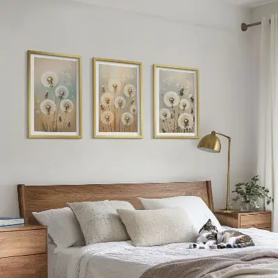 Set de 3 cuadros para salón con diseño de flores de diente de león en tonos pastel