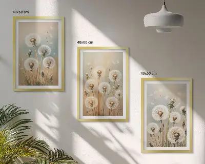 Set de 3 cuadros para salón con diseño de flores de diente de león en tonos pastel