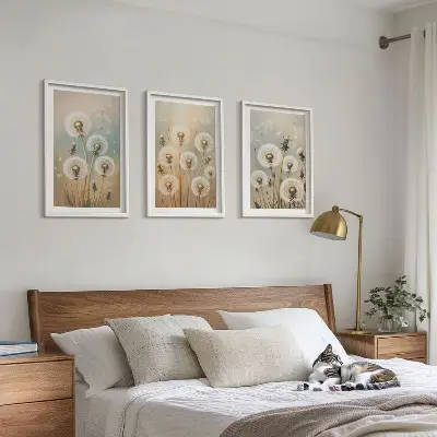 Set de 3 cuadros para salón con diseño de flores de diente de león en tonos pastel