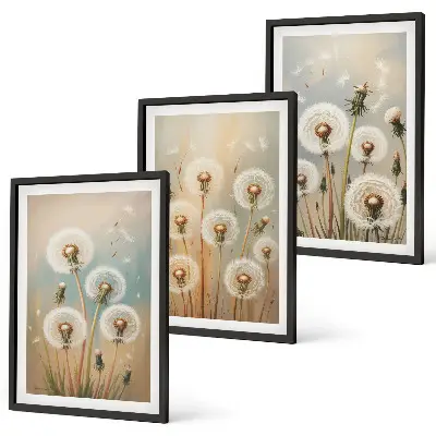Set de 3 cuadros para salón con diseño de flores de diente de león en tonos pastel