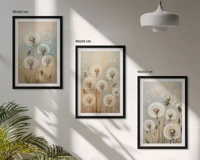 Set de 3 cuadros para salón con diseño de flores de diente de león en tonos pastel