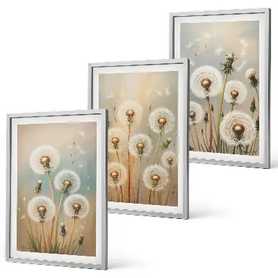 Set de 3 cuadros para salón con diseño de flores de diente de león en tonos pastel