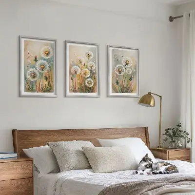 Juego de 3 cuadros con diseño de flores de diente de león en colores pastel