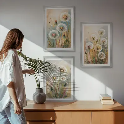 Juego de 3 cuadros con diseño de flores de diente de león en colores pastel