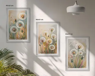Juego de 3 cuadros con diseño de flores de diente de león en colores pastel