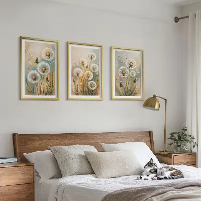 Juego de 3 cuadros con diseño de flores de diente de león en colores pastel