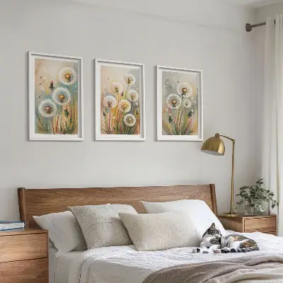Juego de 3 cuadros con diseño de flores de diente de león en colores pastel
