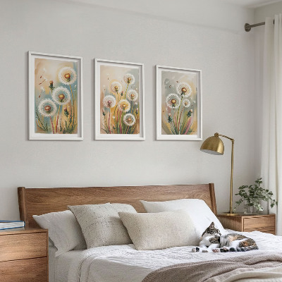 Juego de 3 cuadros Flores de diente de león, hierbas de colores pastel