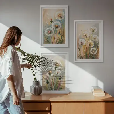 Juego de 3 cuadros con diseño de flores de diente de león en colores pastel