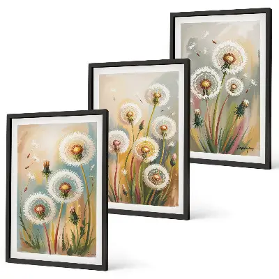 Juego de 3 cuadros con diseño de flores de diente de león en colores pastel