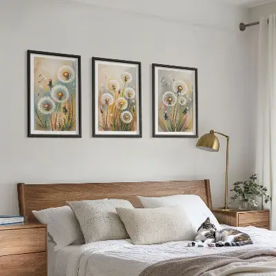 Juego de 3 cuadros con diseño de flores de diente de león en colores pastel