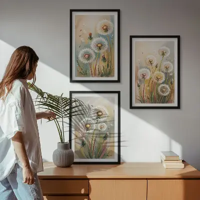 Juego de 3 cuadros con diseño de flores de diente de león en colores pastel