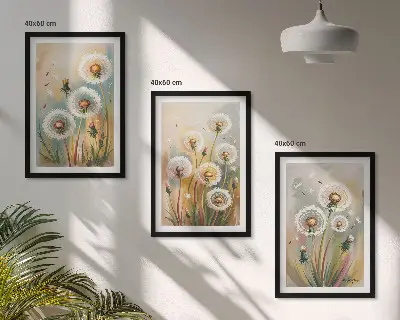 Juego de 3 cuadros con diseño de flores de diente de león en colores pastel