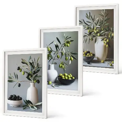 Set de 3 cuadros para salón con diseño de aceitunas en jarrones discretos