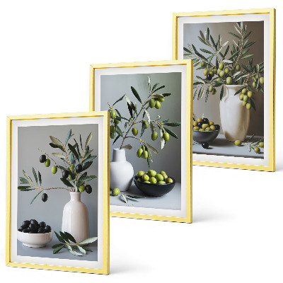 Set de 3 cuadros para salón Aceitunas en jarrones discretos