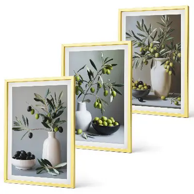 Set de 3 cuadros para salón con diseño de aceitunas en jarrones discretos