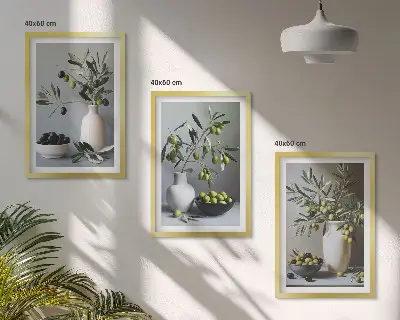 Set de 3 cuadros para salón con diseño de aceitunas en jarrones discretos