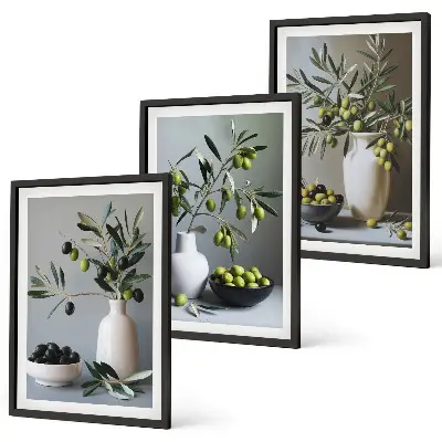 Set de 3 cuadros para salón con diseño de aceitunas en jarrones discretos
