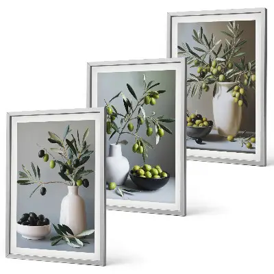 Set de 3 cuadros para salón con diseño de aceitunas en jarrones discretos