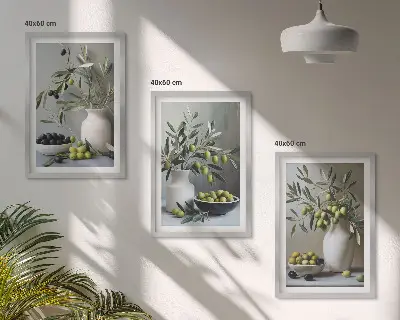 Juego de 3 cuadros con diseño de aceitunas en jarrones grises