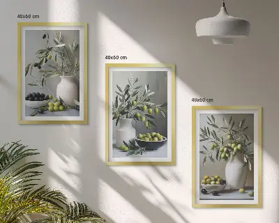 Juego de 3 cuadros con diseño de aceitunas en jarrones grises