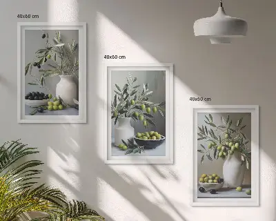 Juego de 3 cuadros con diseño de aceitunas en jarrones grises