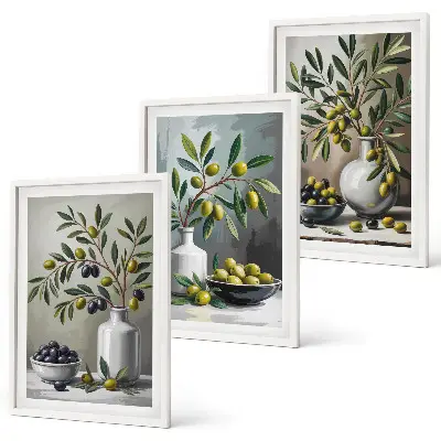 Set de 3 cuadros decorativos para salón con diseño de olivas de cerámica en color gris