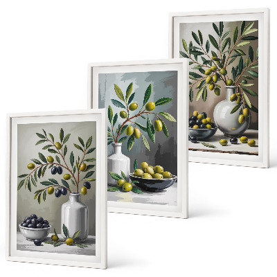 Set de 3 cuadros para salón Olivas de cerámica grises