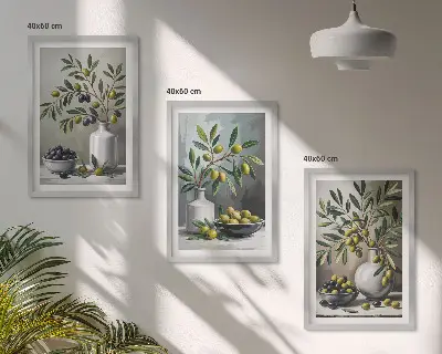 Set de 3 cuadros decorativos para salón con diseño de olivas de cerámica en color gris