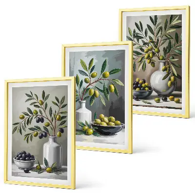Set de 3 cuadros decorativos para salón con diseño de olivas de cerámica en color gris