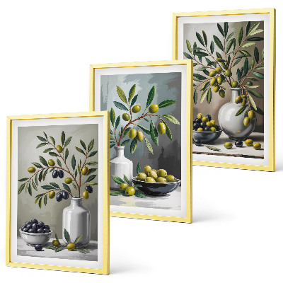 Set de 3 cuadros para salón Olivas de cerámica grises