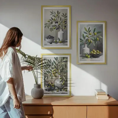Set de 3 cuadros decorativos para salón con diseño de olivas de cerámica en color gris