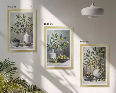 Set de 3 cuadros decorativos para salón con diseño de olivas de cerámica en color gris