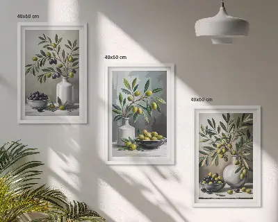 Set de 3 cuadros decorativos para salón con diseño de olivas de cerámica en color gris