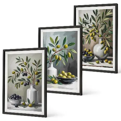 Set de 3 cuadros decorativos para salón con diseño de olivas de cerámica en color gris