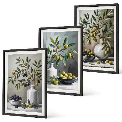 Set de 3 cuadros para salón Olivas de cerámica grises
