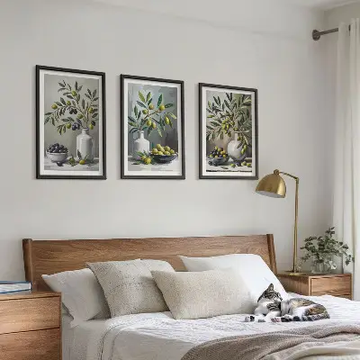 Set de 3 cuadros decorativos para salón con diseño de olivas de cerámica en color gris