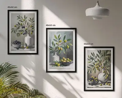 Set de 3 cuadros decorativos para salón con diseño de olivas de cerámica en color gris