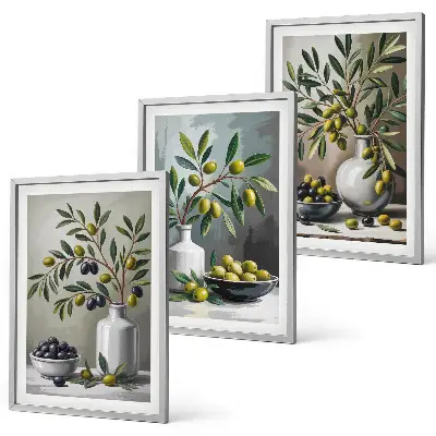 Set de 3 cuadros decorativos para salón con diseño de olivas de cerámica en color gris